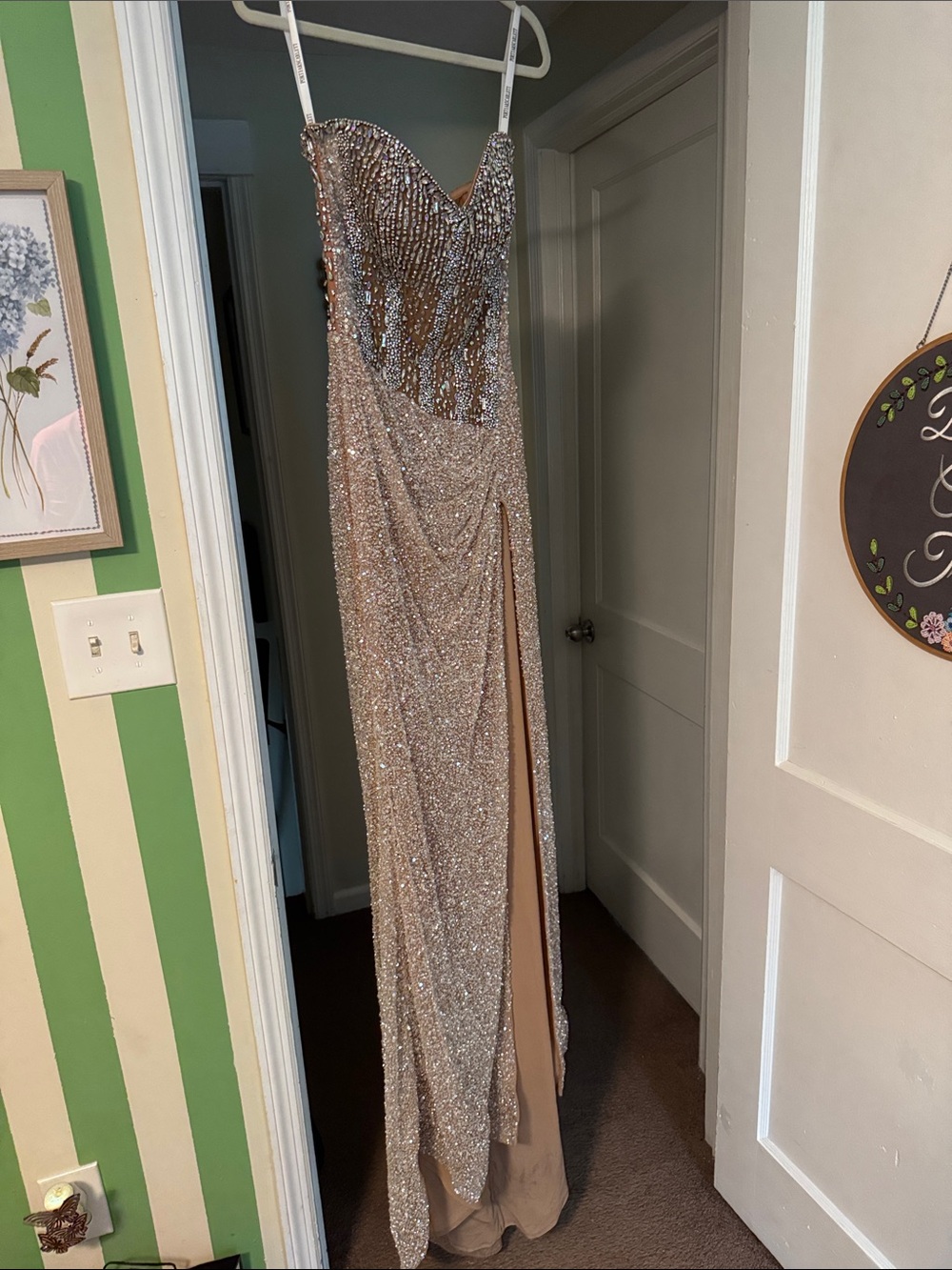 Portia and Scarlett Champagne Sequin Strapless Evening Gown